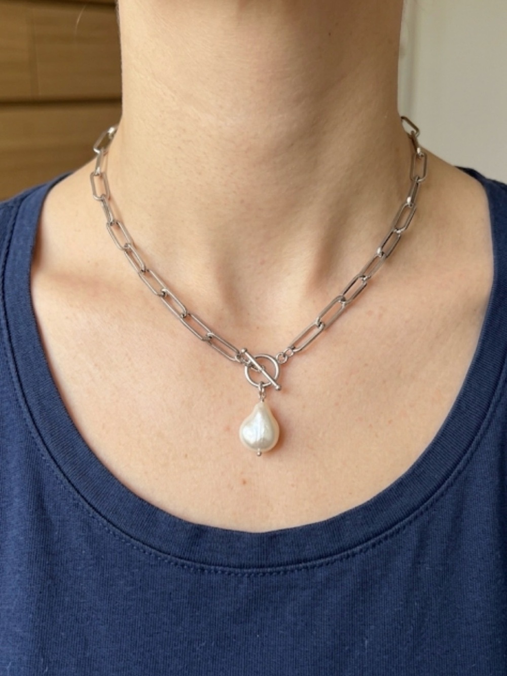 Silver Chain Necklace with White Pearl Drop